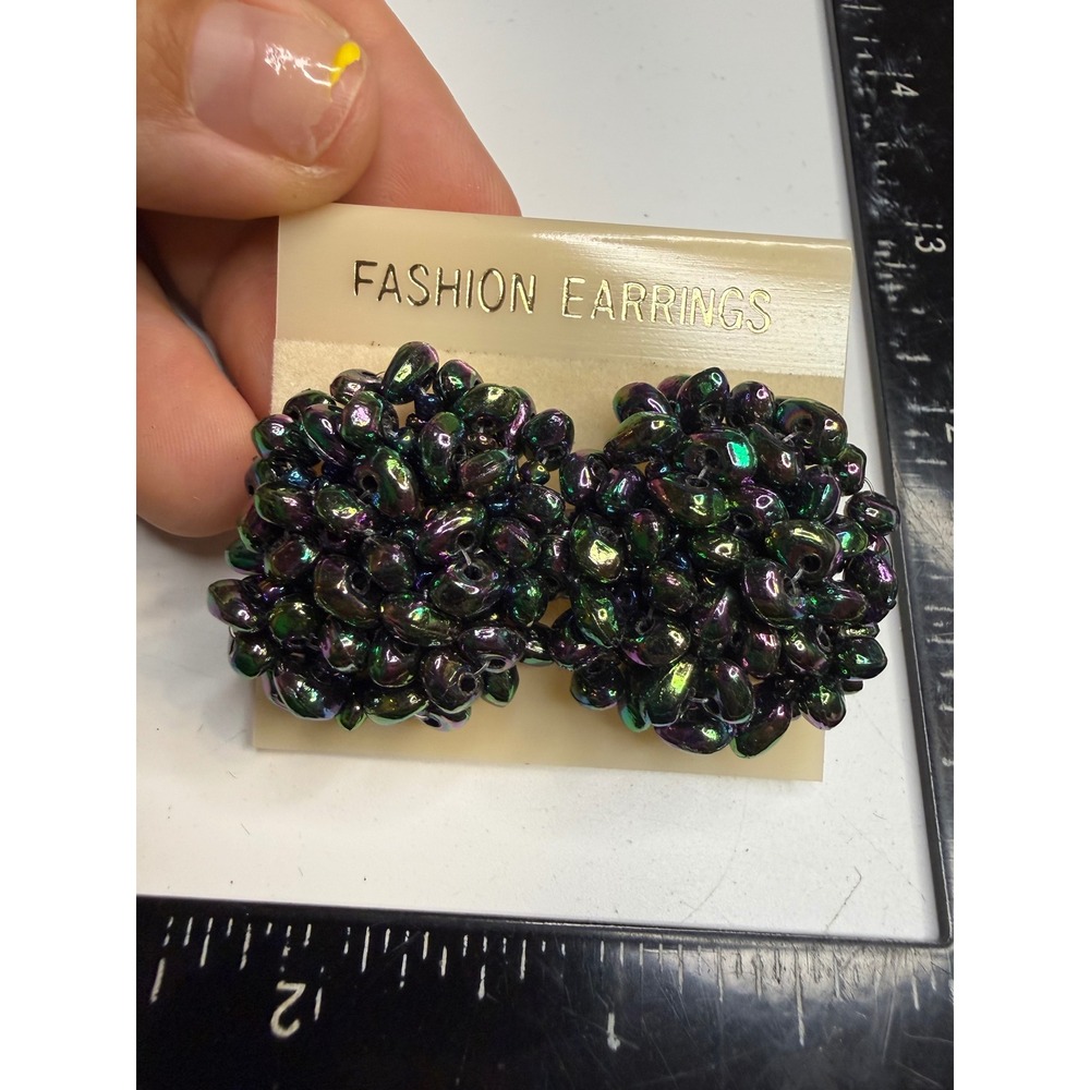 Vintage Iridescent Oil Slick Seed Bead Cluster Button Earrings Made in Hong Kong